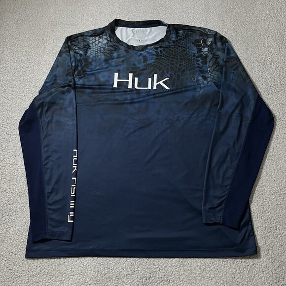 Huk Shirt Mens 3XL Blue Camo Performance Fishing Long Sleeve Outdoors Vented - Picture 1 of 11